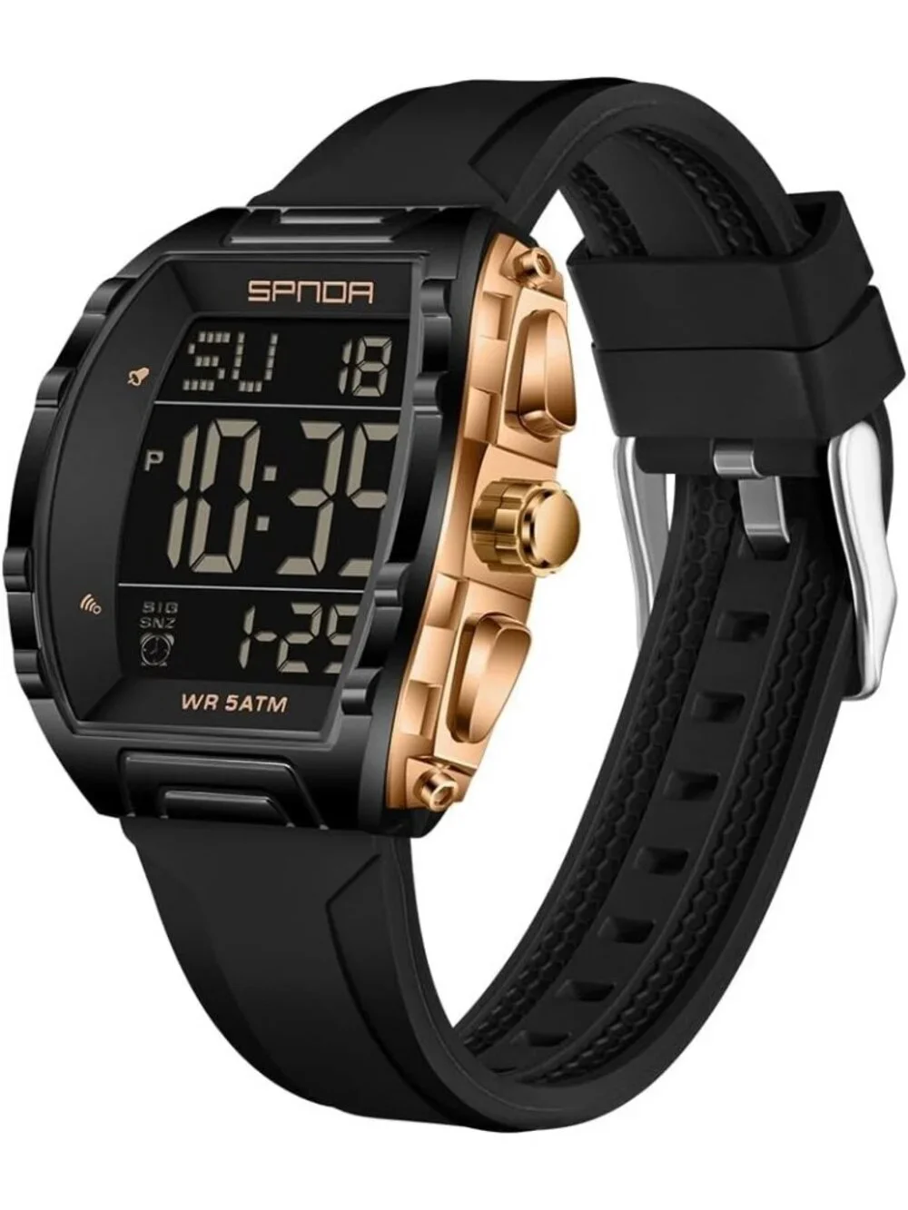 Mens Black Gold Analog Quartz Tonneau Shape Dual Waterproof Digital Luxury Watch